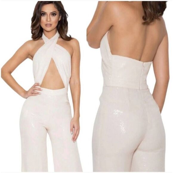 House of CB London, Santiago Pale Peach Crossover Halter Jumpsuit,EUC, S - Picture 1 of 10